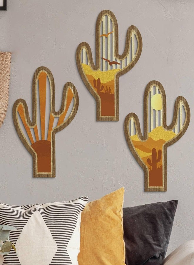 Putuo Decor Cactus Wall Decor, Boho Western Wall Art Set of 3, Wood Desert Cactus Wall Art, Southwestern Decor, Rustic Wooden Decoration, Boho Farmhouse Plaque for Living Room Bedroom Entryway Office - Image 4